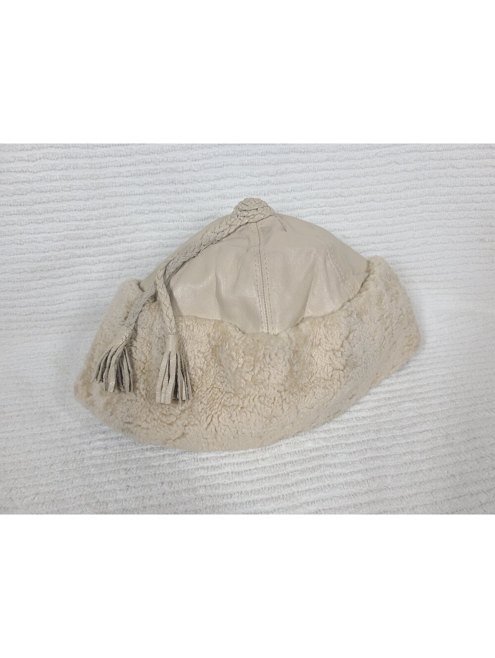 Vintage 60s Fur Hat Leather Cap Beige Chinchilla Braid Fringe Satin Lined Retro